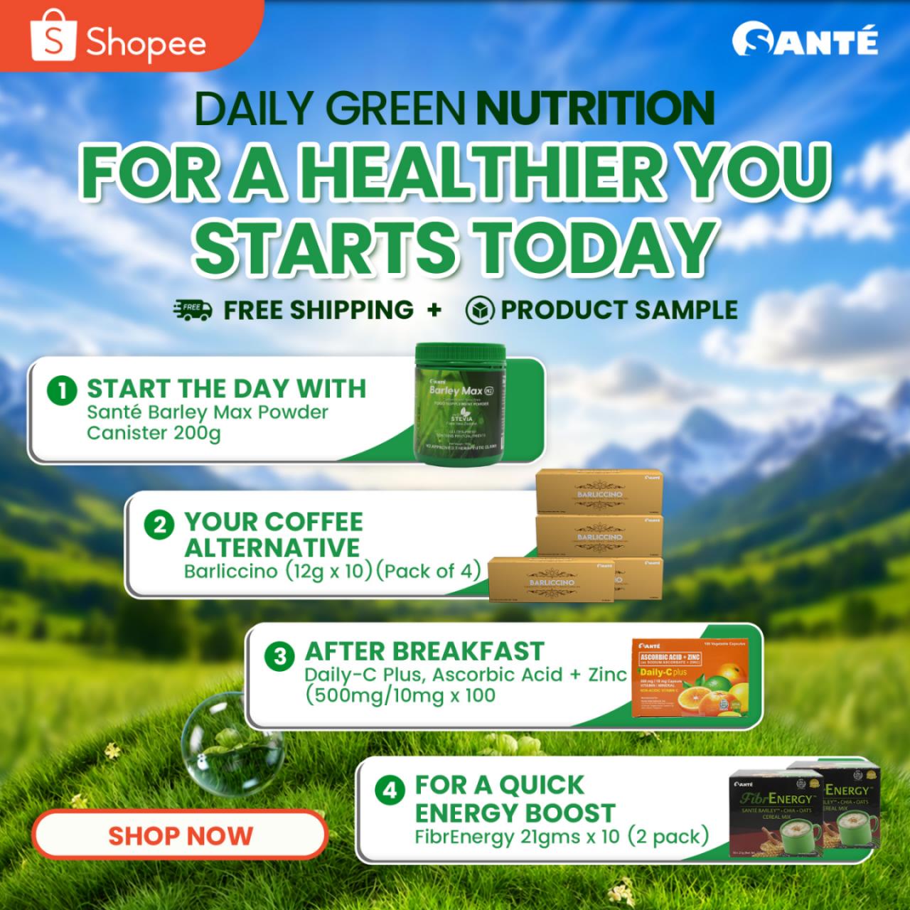 Sante Barley Max Facebook ad: HEALTHIER ROUTINE, HEALTHIER CHOICES