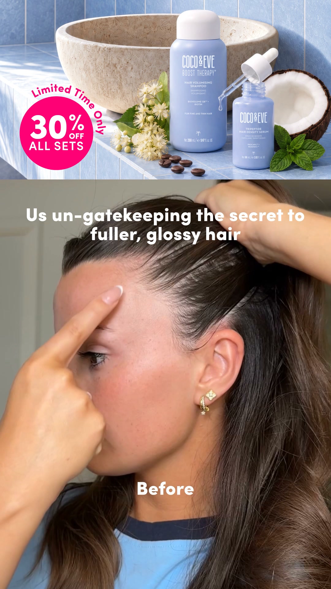 Coco & Eve Facebook ad: 30% Off the Fine Hair Rescue Set