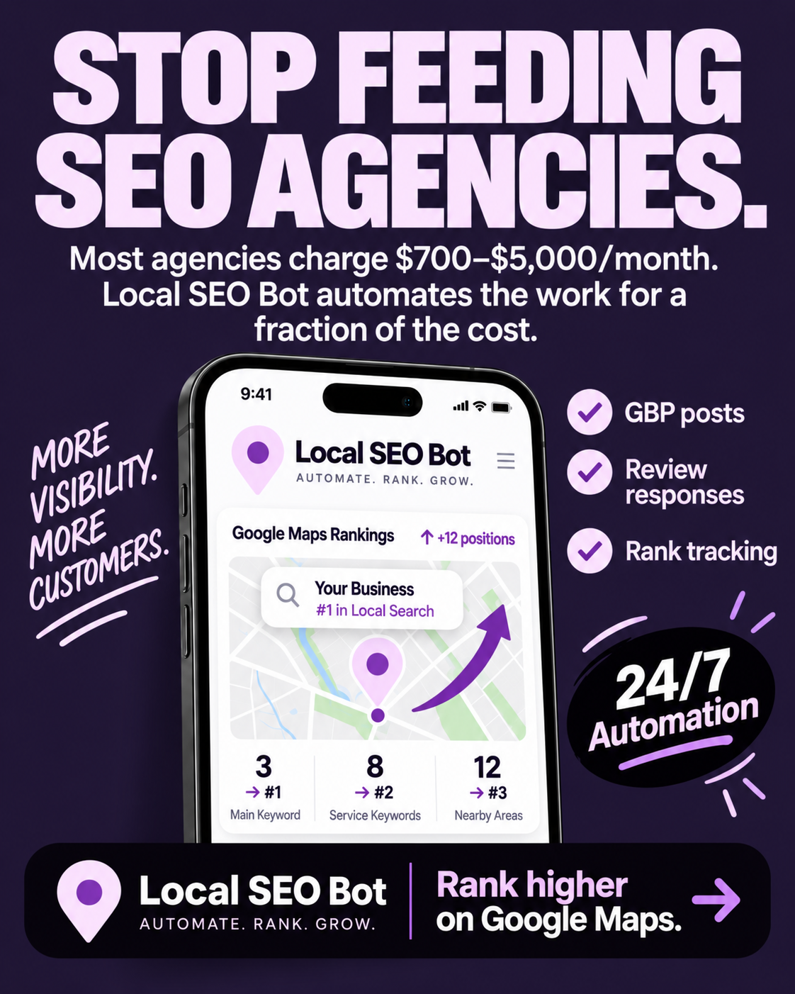 Local SEO Bot Facebook ad: Agency Maps rankings. Less overhead.