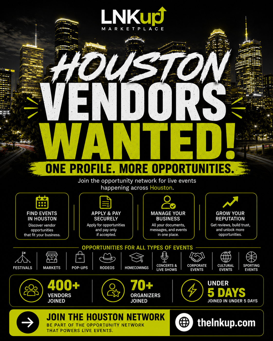 The LNKup Marketplace Facebook ad: Vendors Need Events. Events Need Vendors.