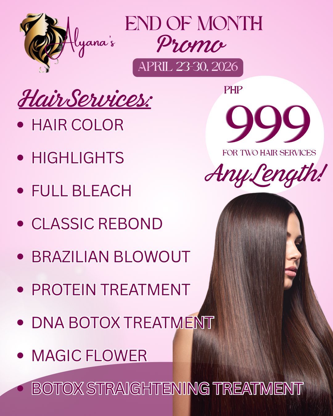 Alyana's Spa, Hair and Beauty Salon Balibago Pampanga Branch Facebook ad: END OF MONTH PROMO