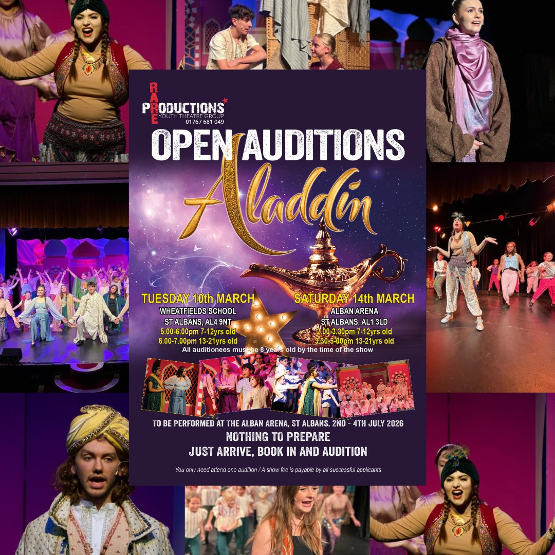 Rare Productions Facebook ad: OPEN AUDITIONS in St Albans for Aladdin!