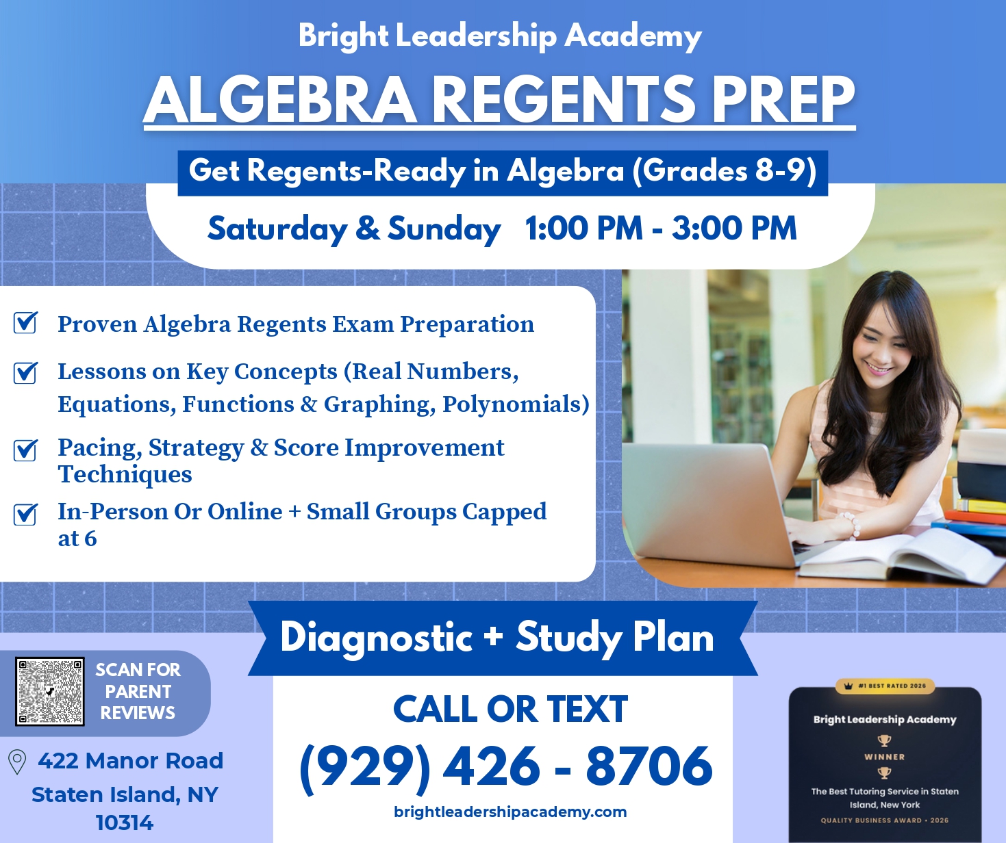 Bright Leadership Academy Facebook ad: Our Algebra Regents program is built for students…
