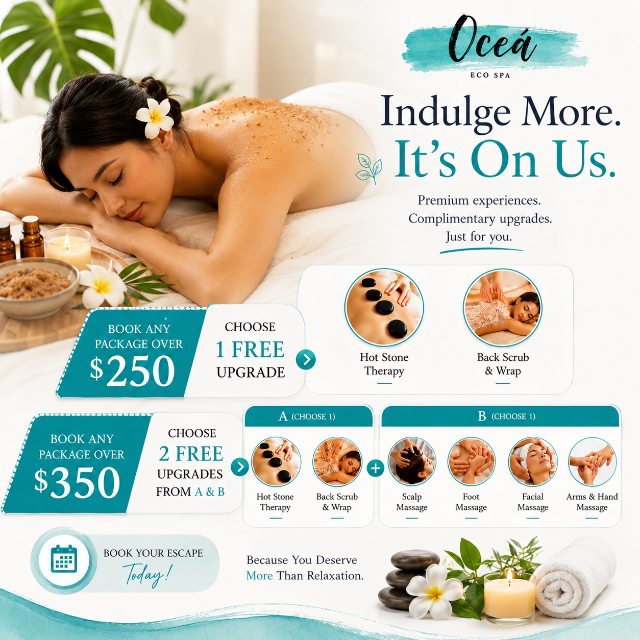 Oceá eco spa Facebook ad: Celebrate Our Birthday With FREE Spa Upgrades