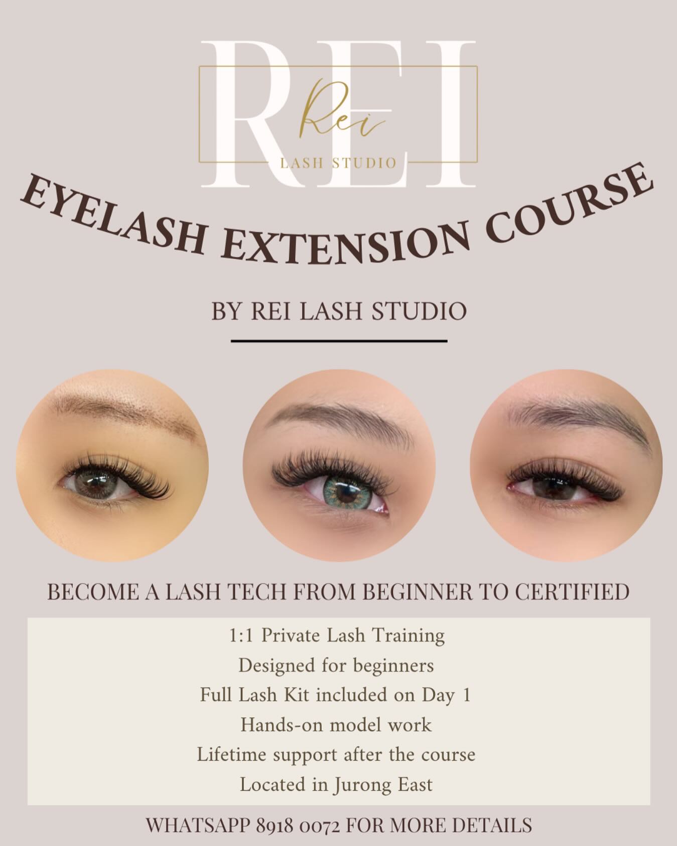 Rei.lashstudio Facebook ad: 1:1 Lash Course, STARTING IN MAY