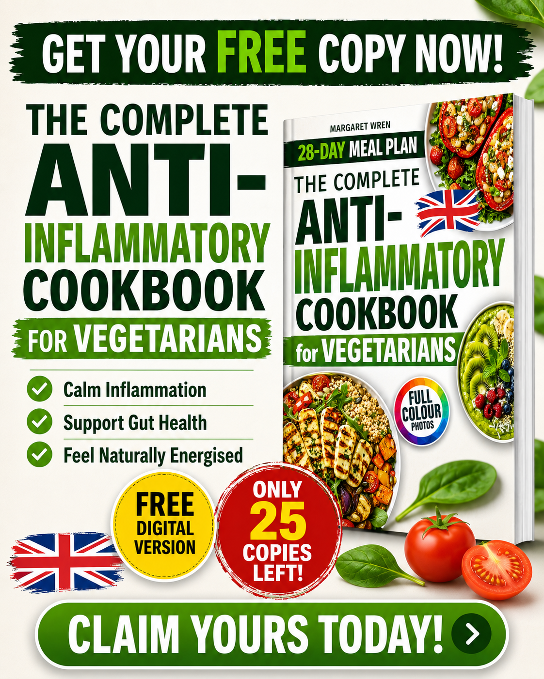 Margaret Wren Facebook ad: Free Vegetarian Anti-Inflammatory Cookbook