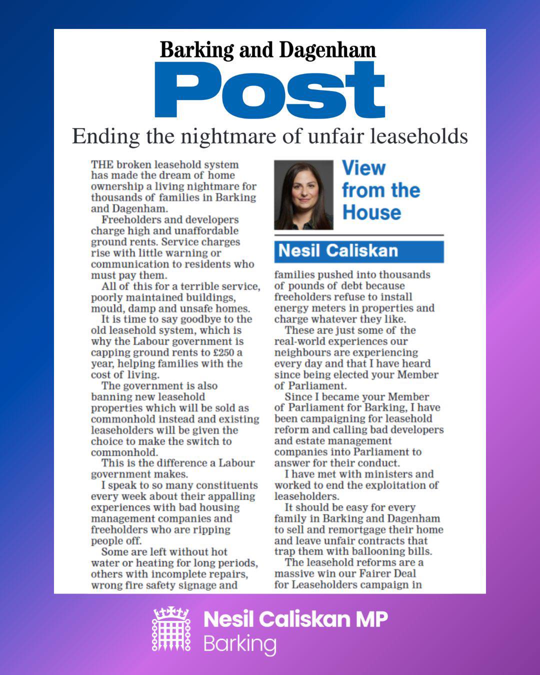 Nesil Caliskan for Barking Facebook ad: The homeownership dream has been a nightmare for…