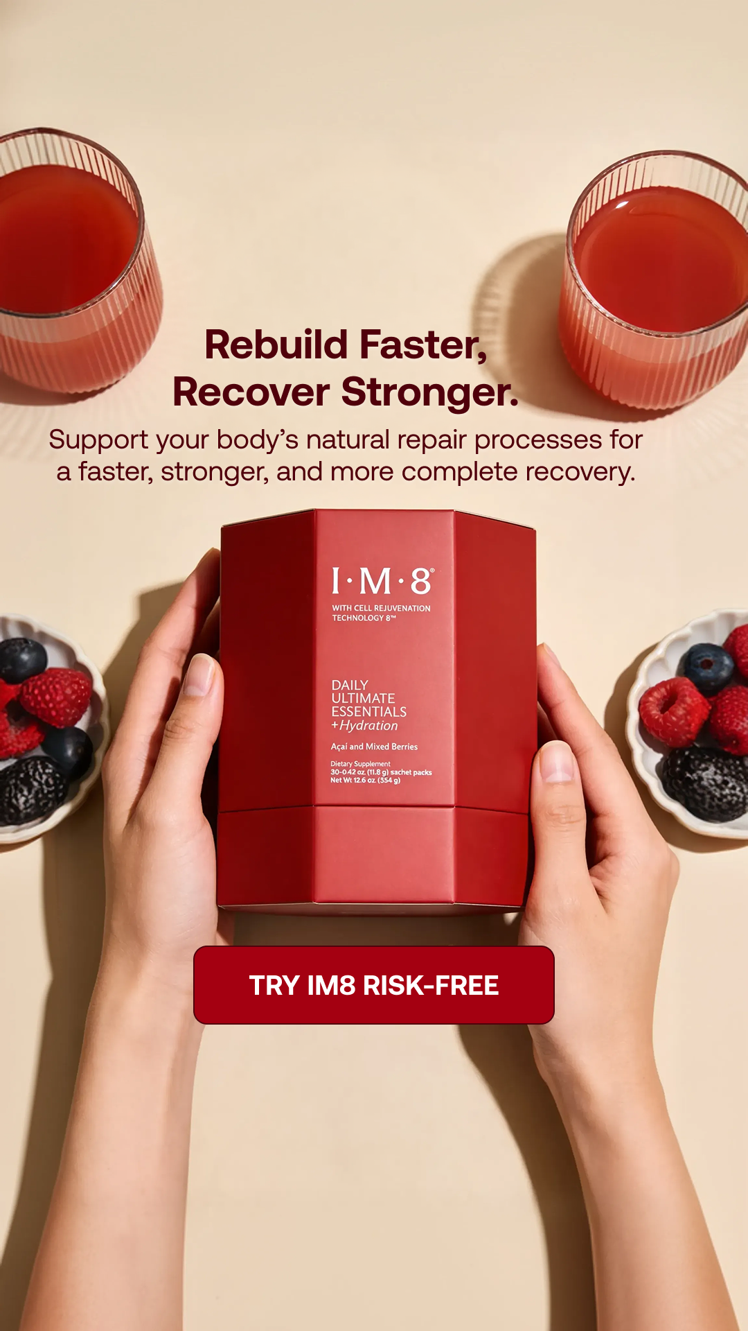 IM8 Facebook ad: One Scoop. 16 Supplements. Zero Guesswork.