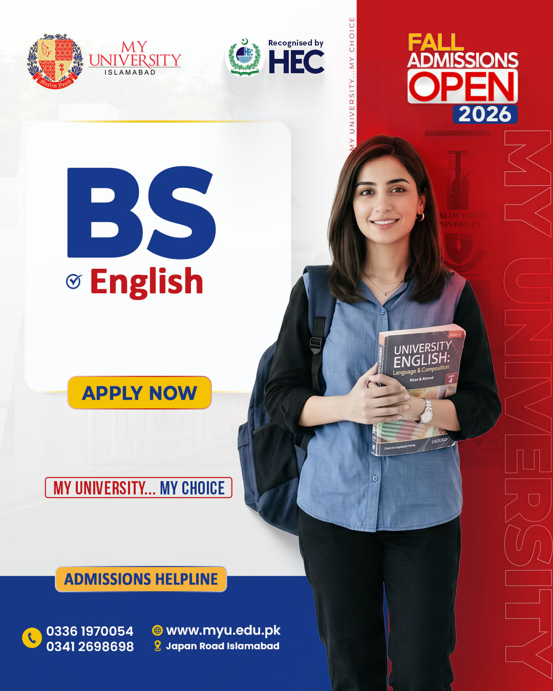 MY University Facebook ad: Admissions Open, BS English Fall 2026