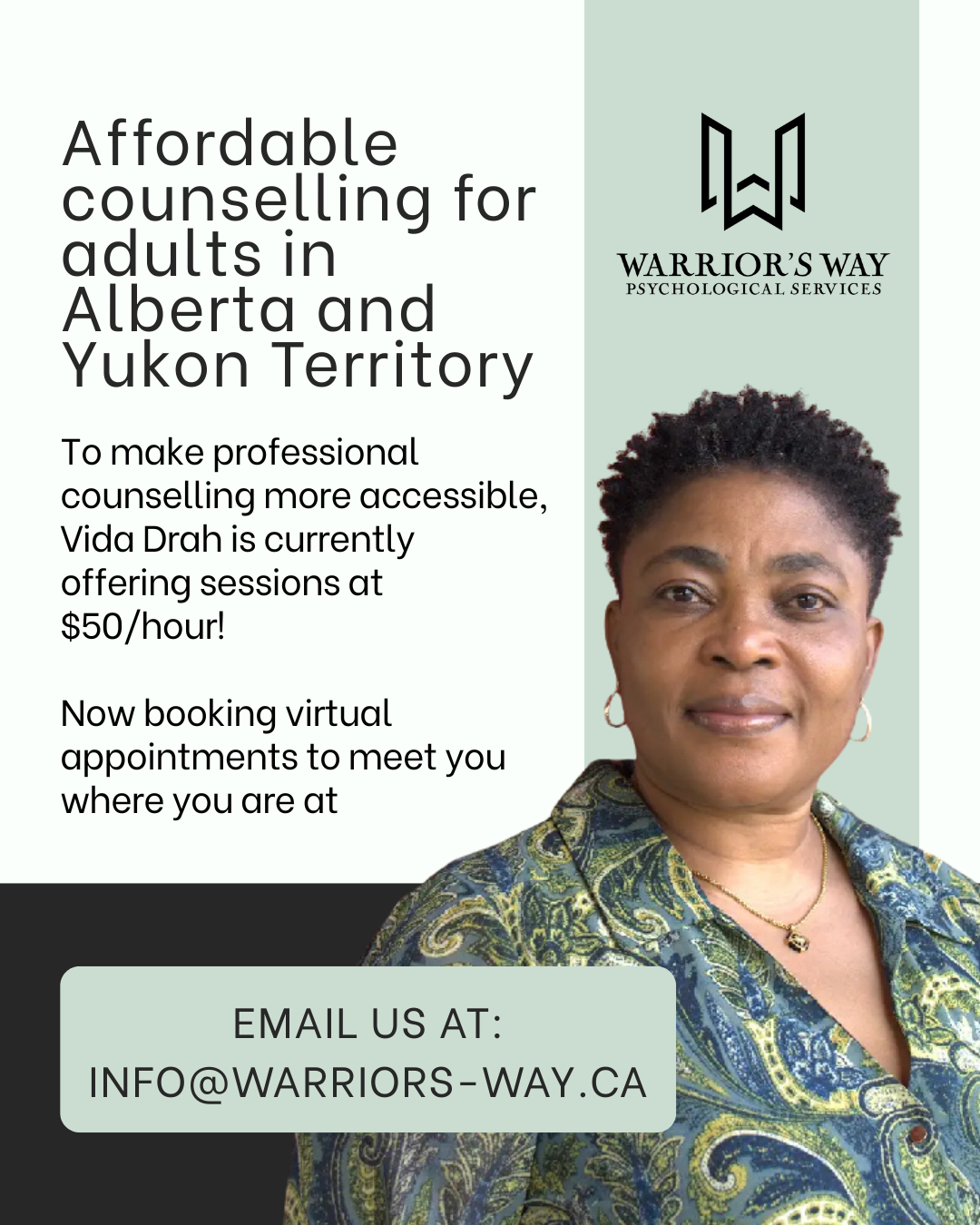 Warrior's Way Psychological Services Facebook ad: Low-Cost Therapy Program