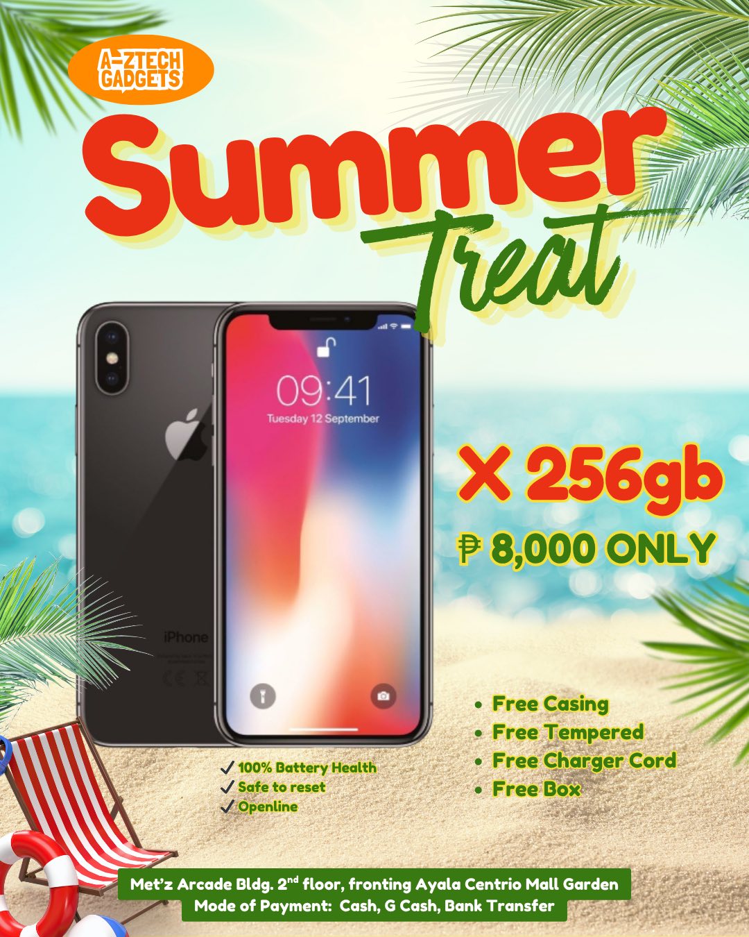 A-Ztech Gadgets Facebook ad: SUMMER TREATS SALE, PRE-OWNED iPHONES