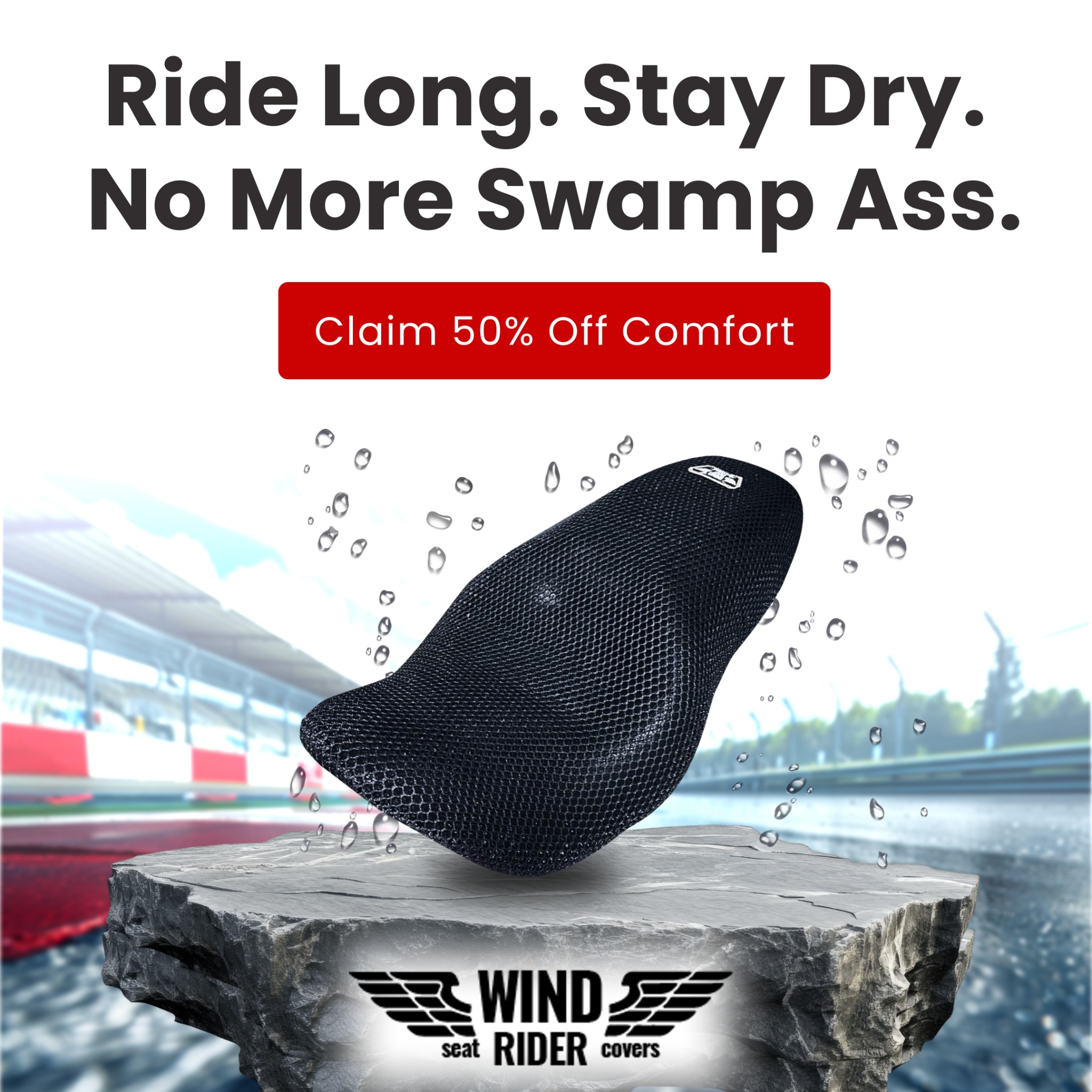 Wind Rider Seat Covers Facebook ad: Ride Cool, Dry & Comfortable