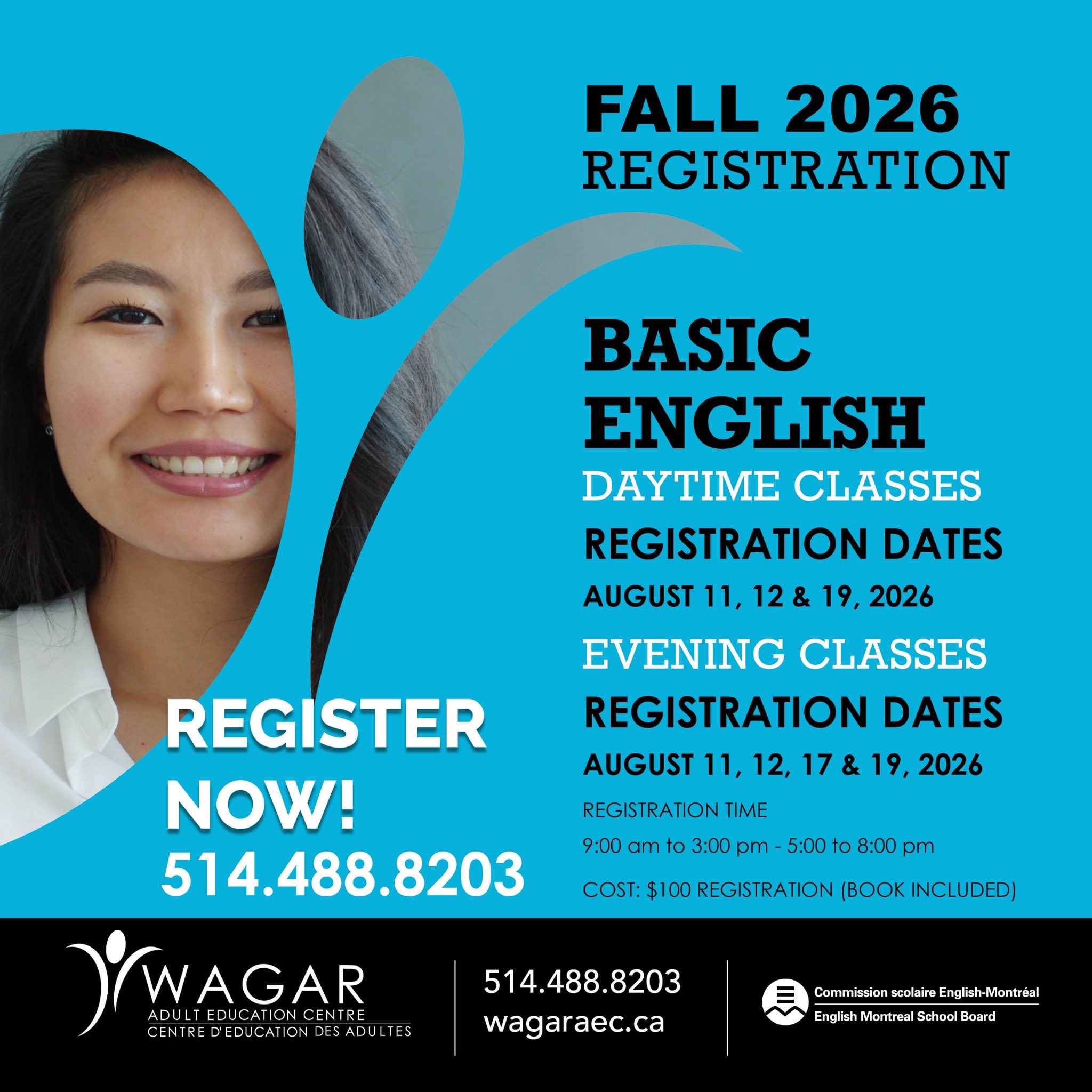 Wagar Adult Education Centre Facebook ad: INSCRIPTIONS Automne 2026, Anglais de base (cours de…