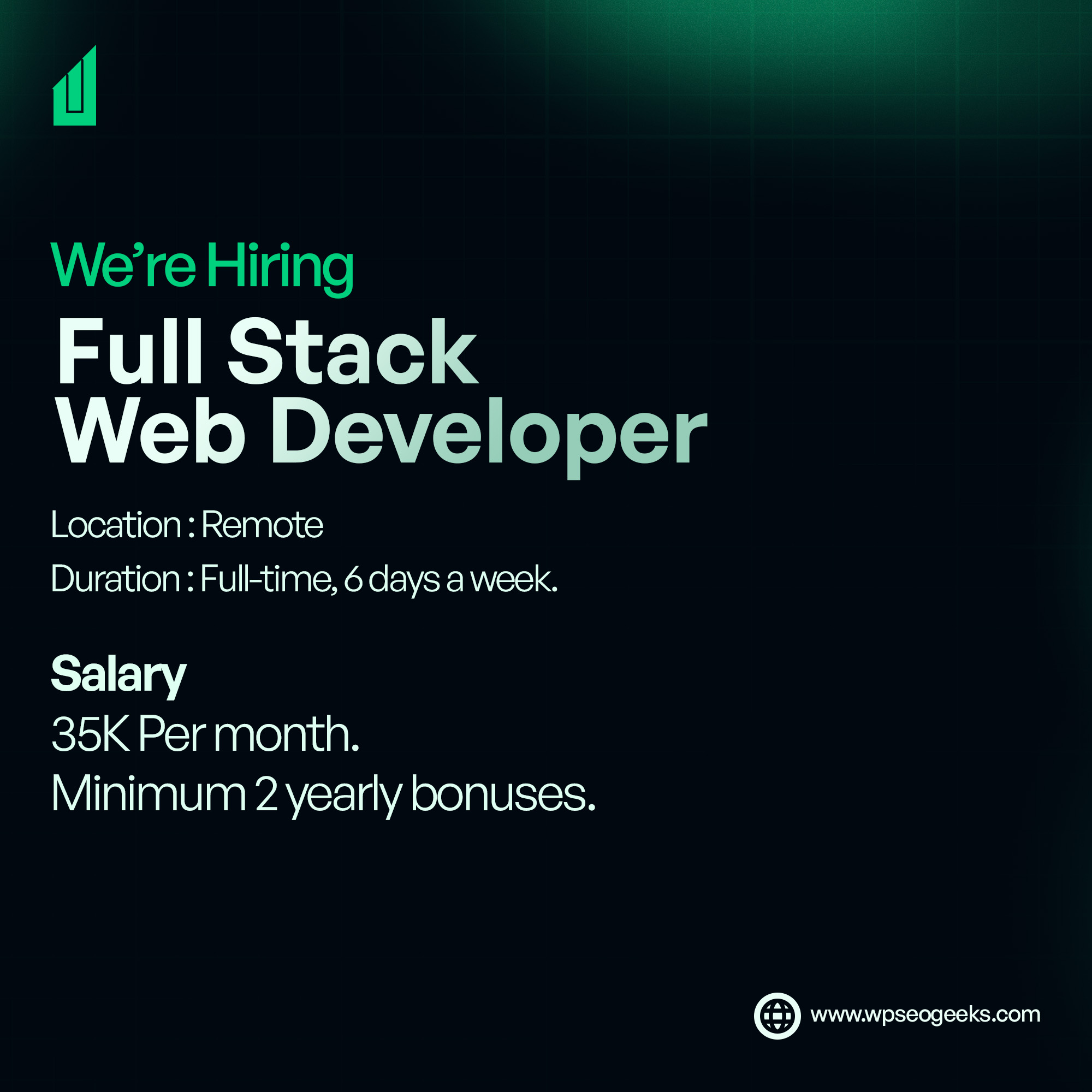 WP SEO Geeks Facebook ad: Full Stack Web Developer (WordPress Focused) - Remote