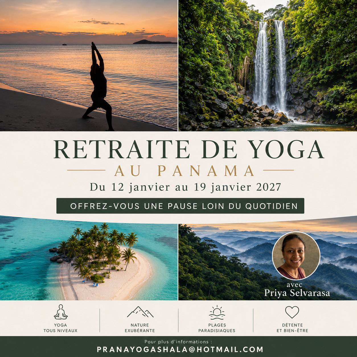 Prana Yoga Shala Facebook ad: Retraite de Yoga & Bien-Être au Panama, Playa Bonita