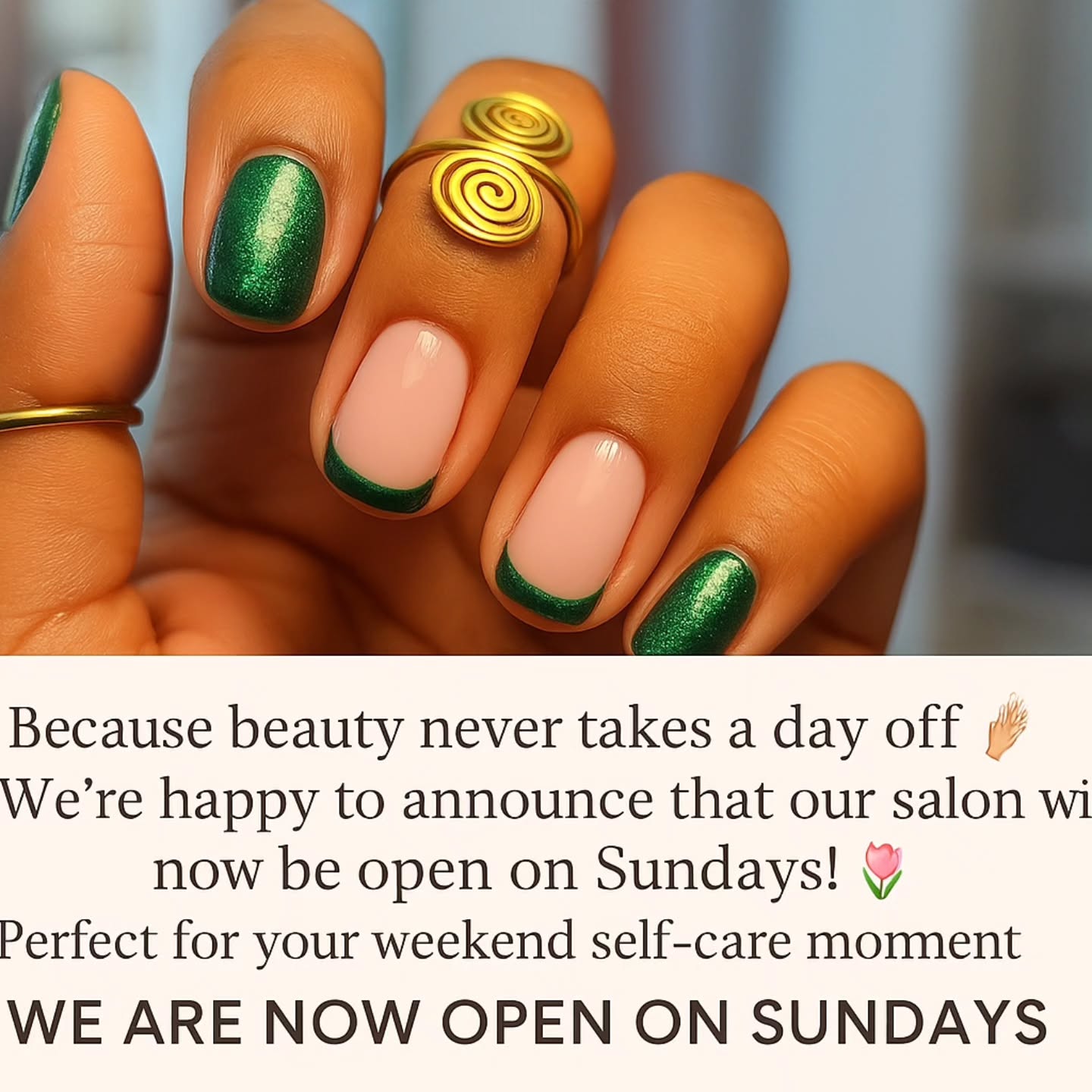 Designs at Naya - Nails & Beauty Hub Facebook ad: Because beauty never takes a day off