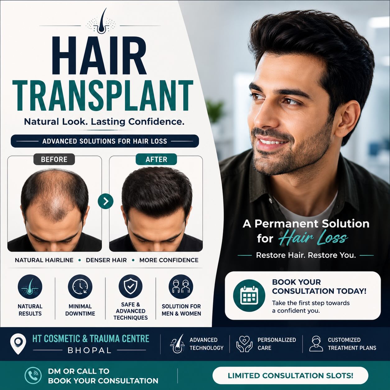 HT Cosmetic & Trauma center Facebook ad: Hair fall is not just about looks, it…