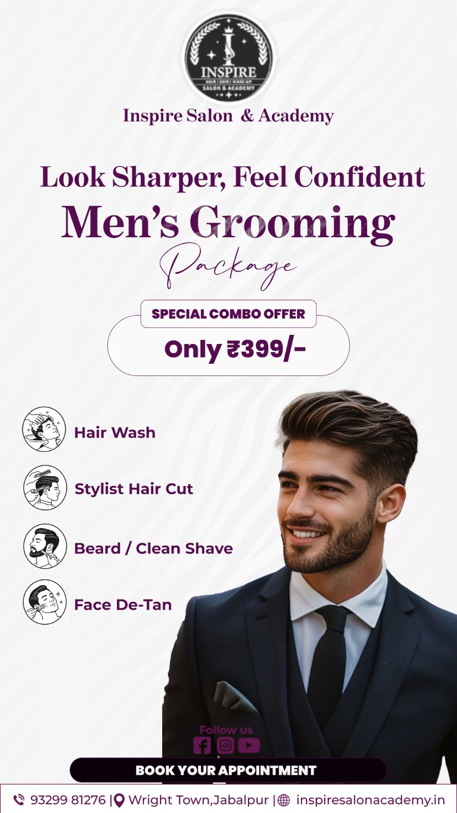 Inspire Salon Facebook ad: Men’s Grooming Package @ ₹399 in Jabalpur