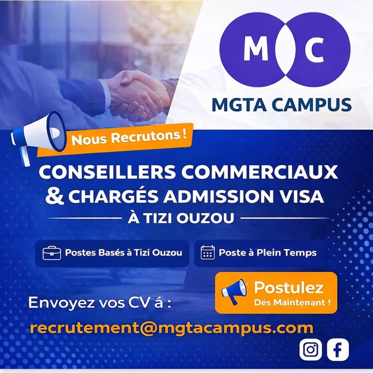 MGTA Campus Bureau Tizi Ouzou Facebook ad: Envoyez-nous votre CV: recrutement@mgtacampus.com