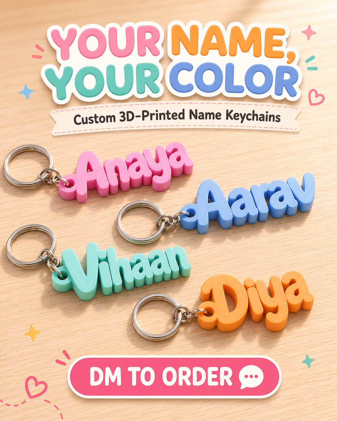 Foshe Facebook ad: Custom 3D Printed Name Keychain