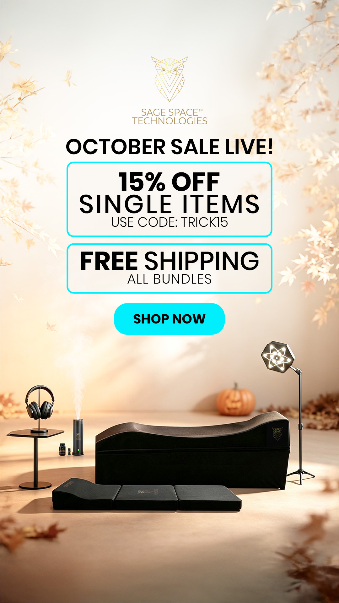 Sage Space Technologies Facebook ad: 15% Off Singles + Free Bundle Shipping