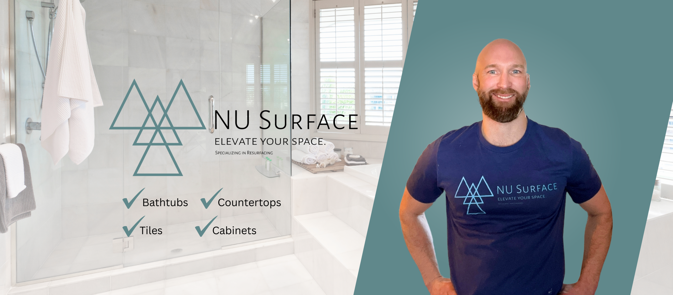 NU Surface Facebook ad: Tired of worn-out countertops, dingy tiles, or outdated…