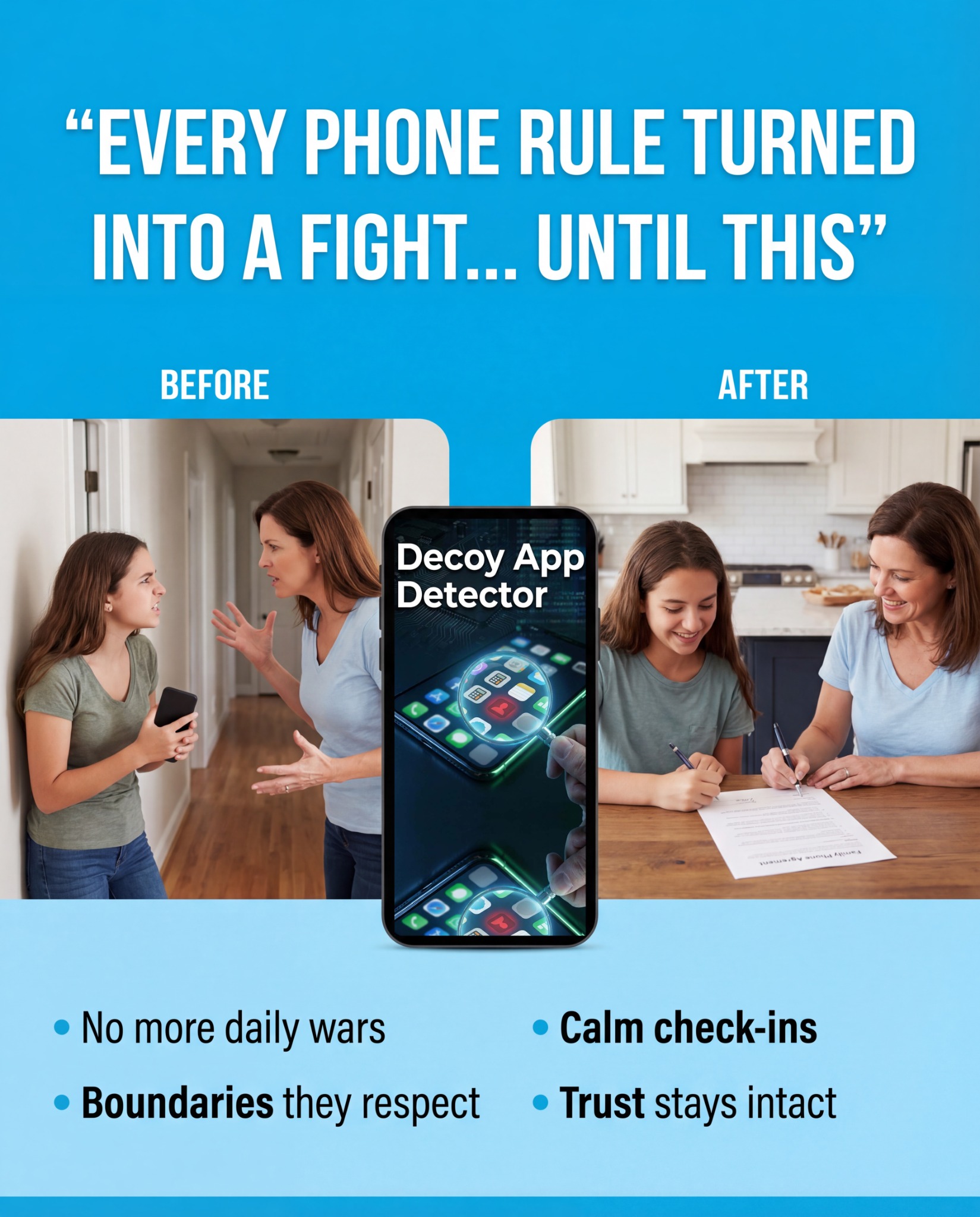 The Decoy App Detector Facebook ad: Exhausted From Fighting the Same Phone Battles?