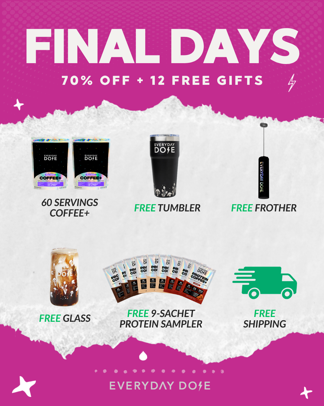 Everyday Dose Facebook ad: 70% OFF + FREE Gifts