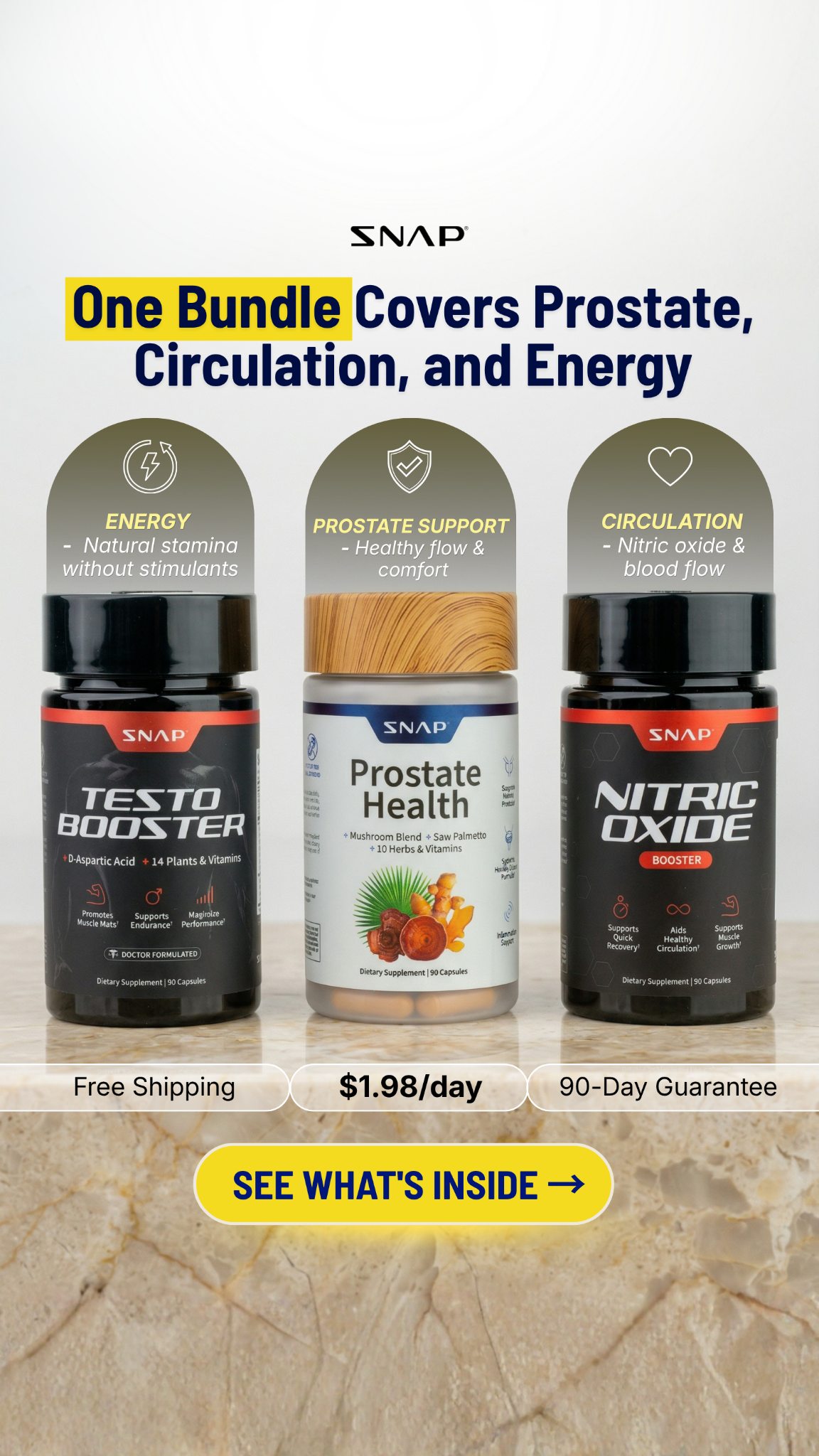 Snap Supplements Facebook ad: 3-In-1 Male Vitality Support