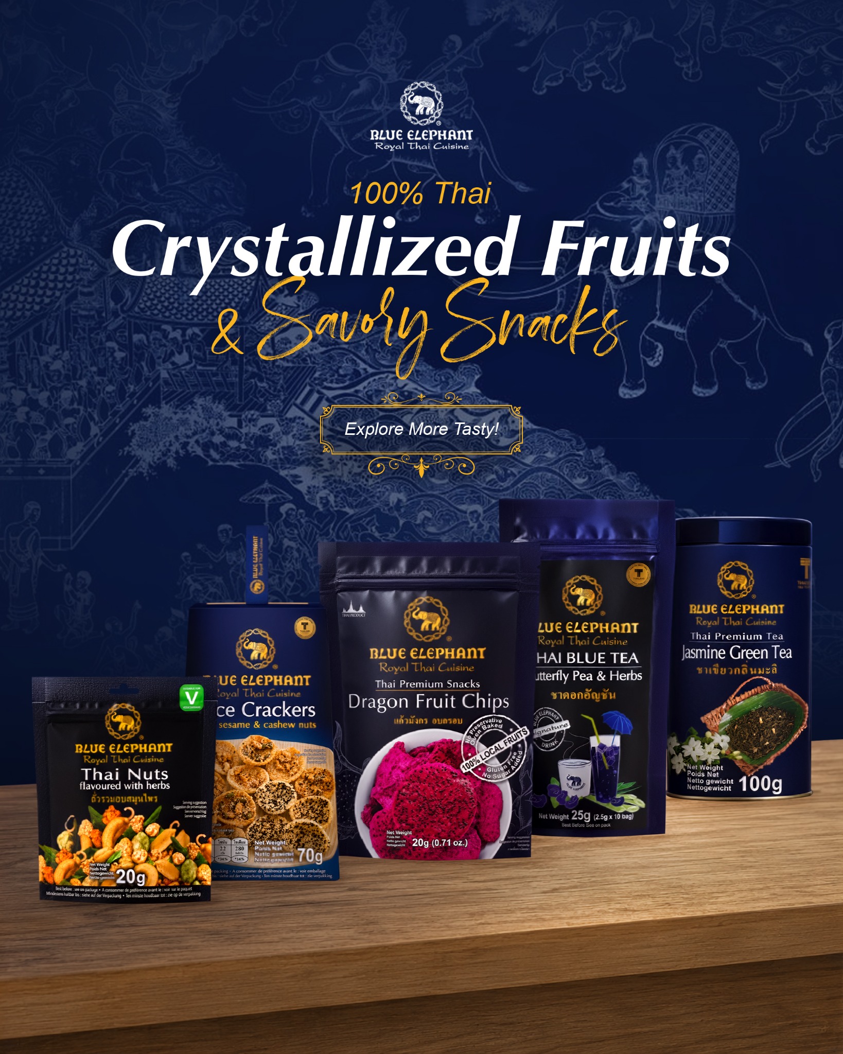 Blue Elephant Products Line Facebook ad: Your new favorite Thai snack, made with 100%…