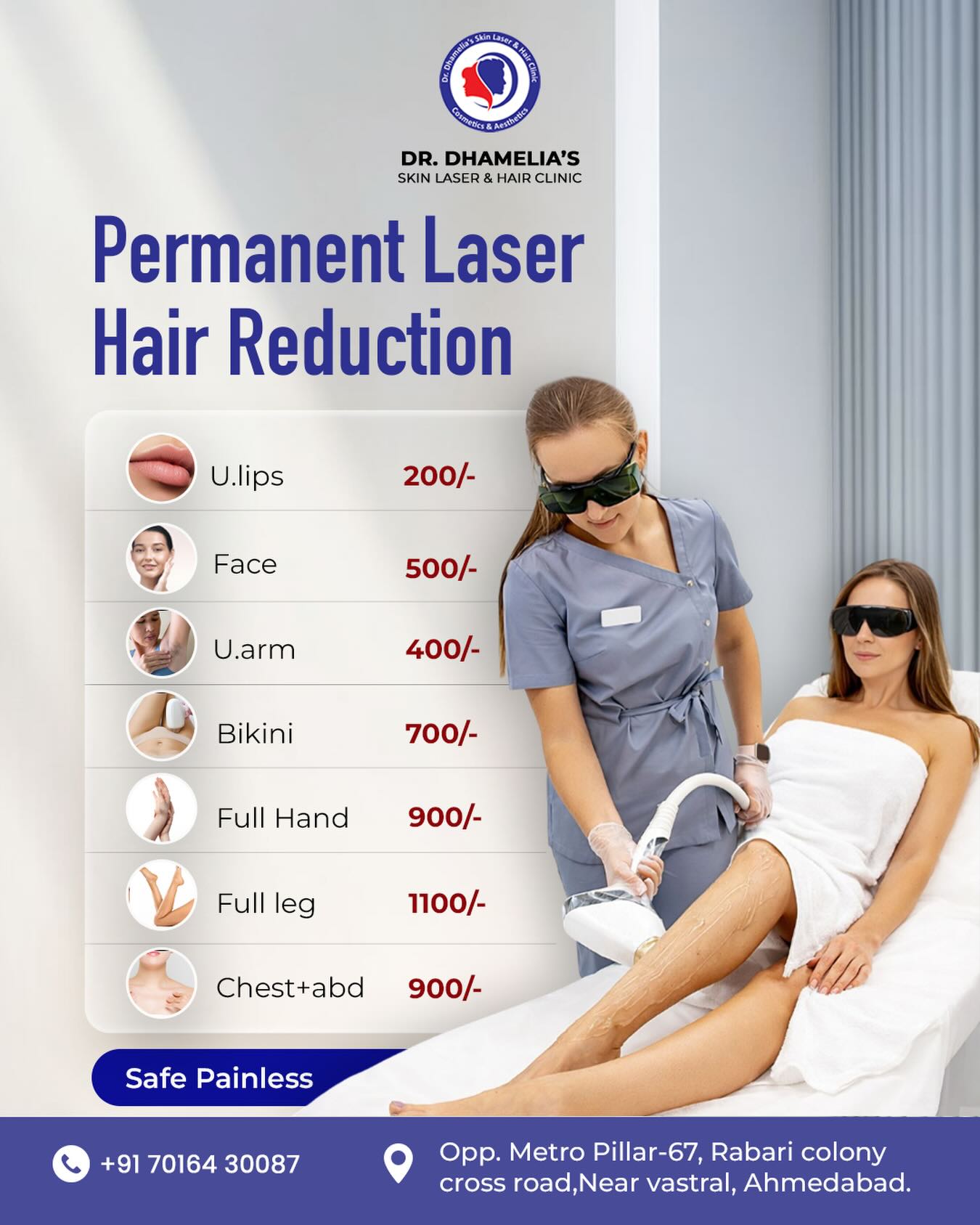 Dr. Dhamelia's Skin Laser & Hair Clinic Facebook ad: Smooth skin. Zero hassle.