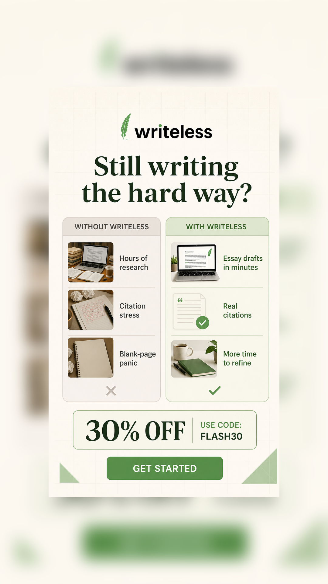Writeless AI Facebook ad: 30% Off Writeless AI Today