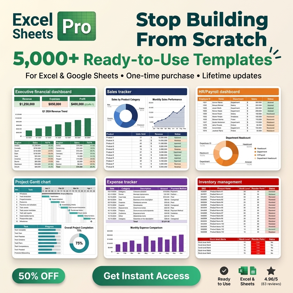 Excel Sheets Pro Facebook ad: 5000+ Excel Templates, Instant Download