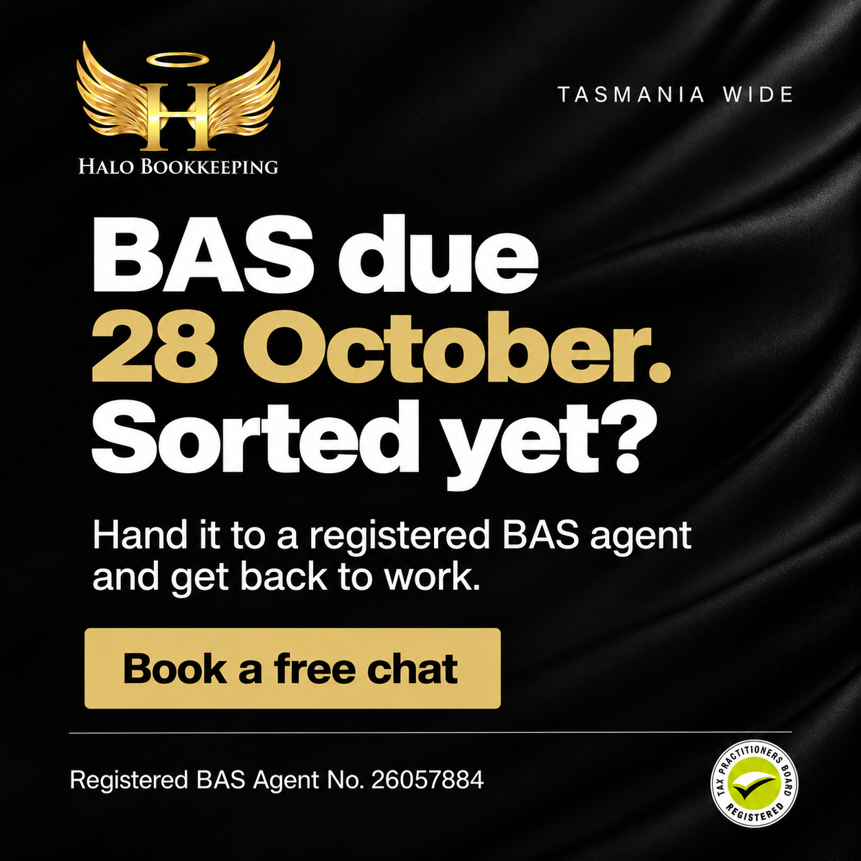 HALO Bookkeeping Facebook ad: Registered. Licensed. Local.