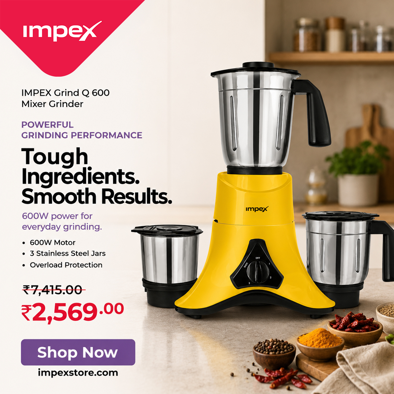 Impex Home Facebook ad: 600W motor. 3 food-grade jars. 6-leaf SS blades. 3-Year…