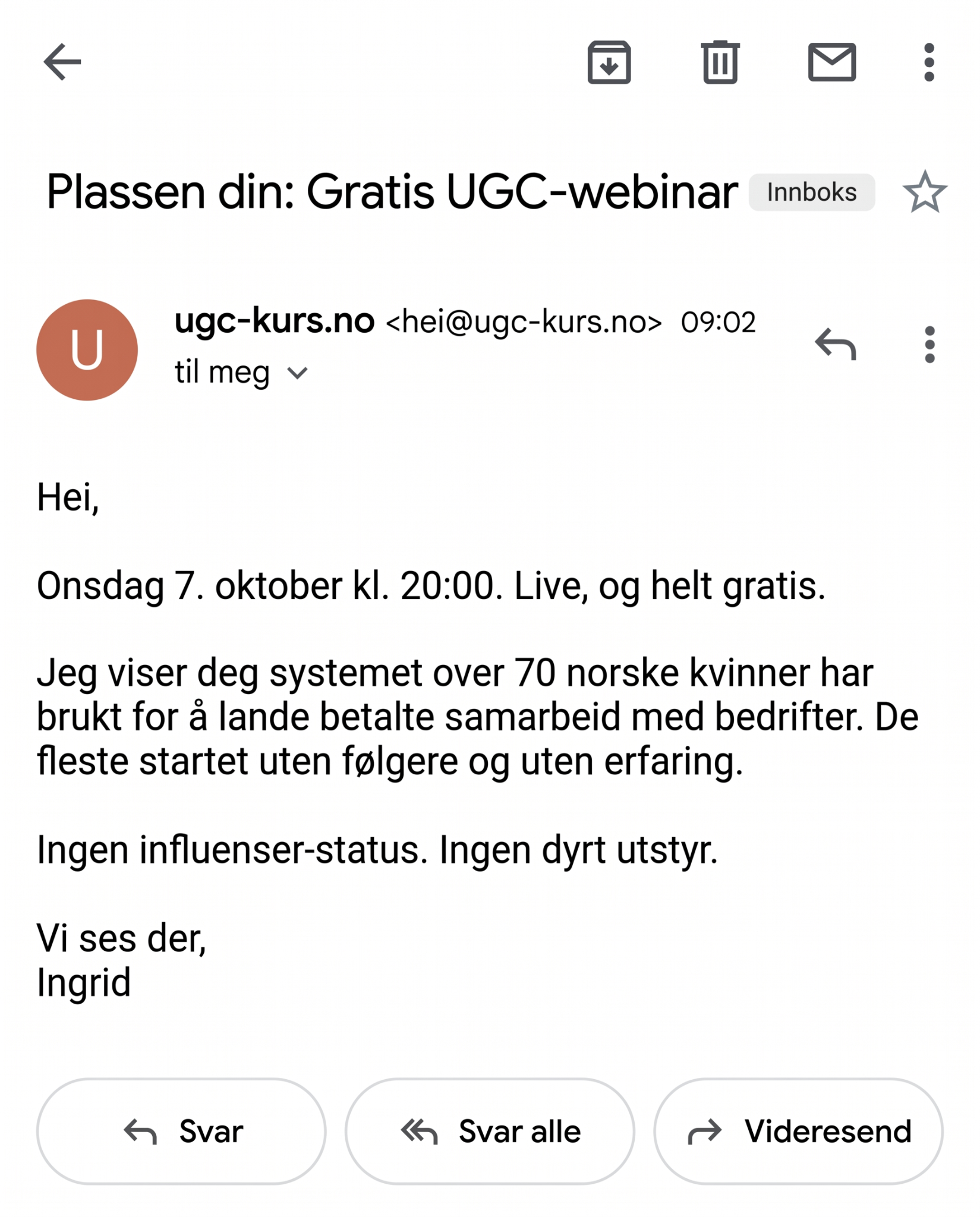 Ingrid Tonheim Facebook ad: Håper å se deg der!