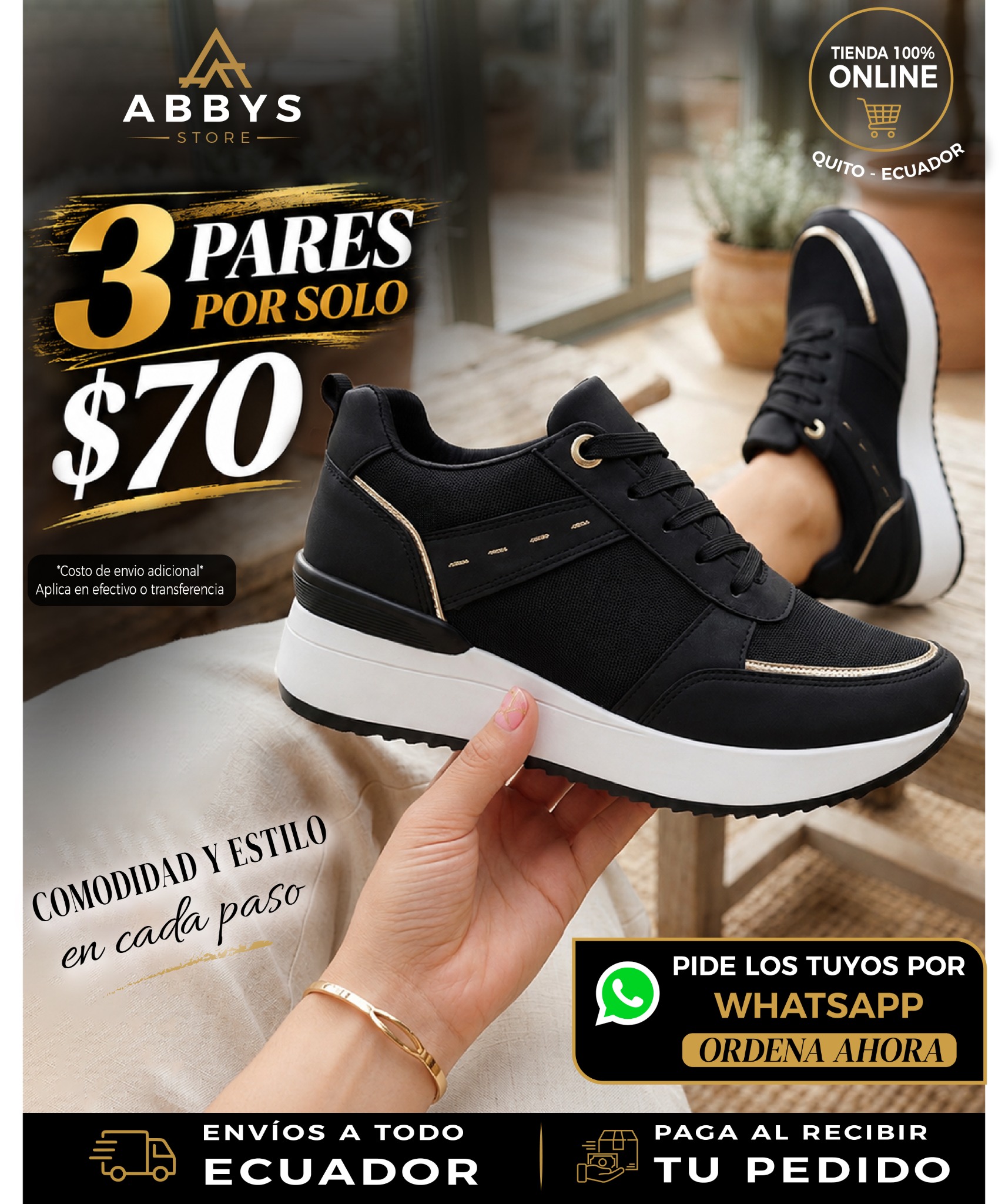 ABY'S STORE Facebook ad: ¿Cansada de terminar el día con zapatos incómodos?