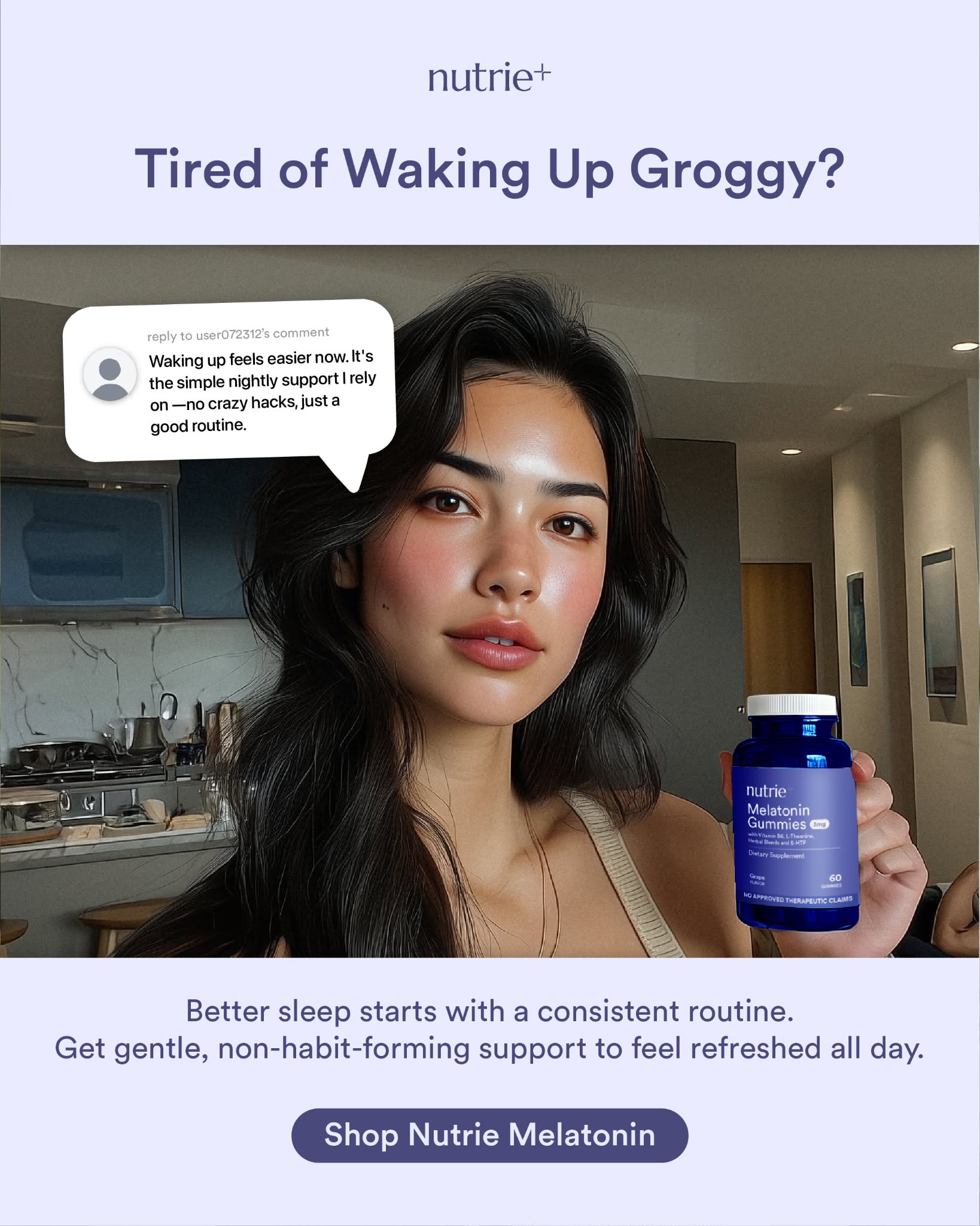 Nutrie Facebook ad: Consistent Nights. Functional Days.