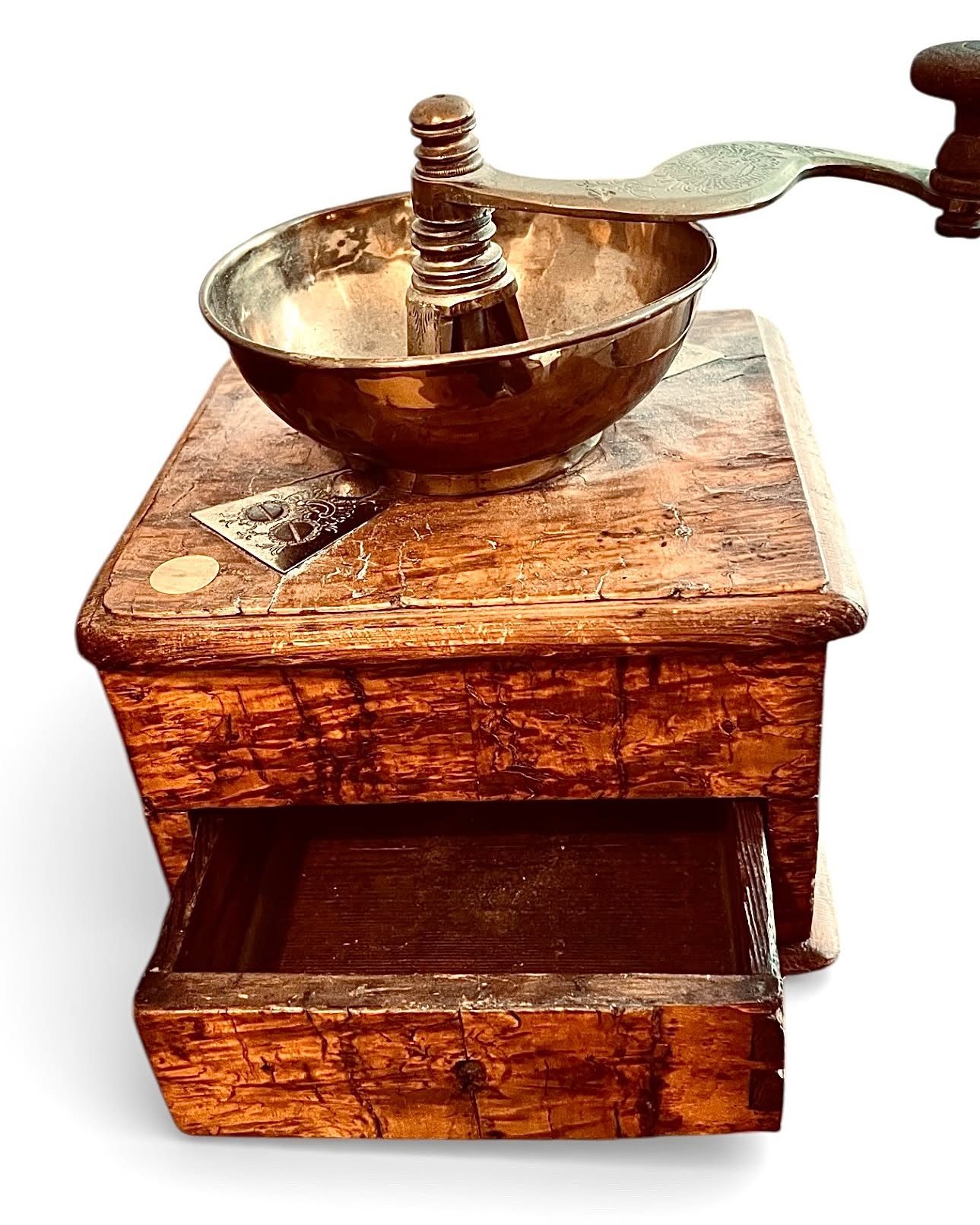 Jennifer Arndt Facebook ad: Coffee Grinder Box Mill, Engraved Brass and Wood, Antique…