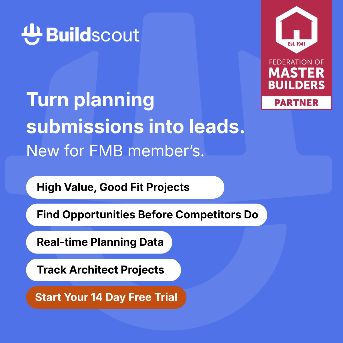 Buildscout Facebook ad: 14 Days Free for FMB Members