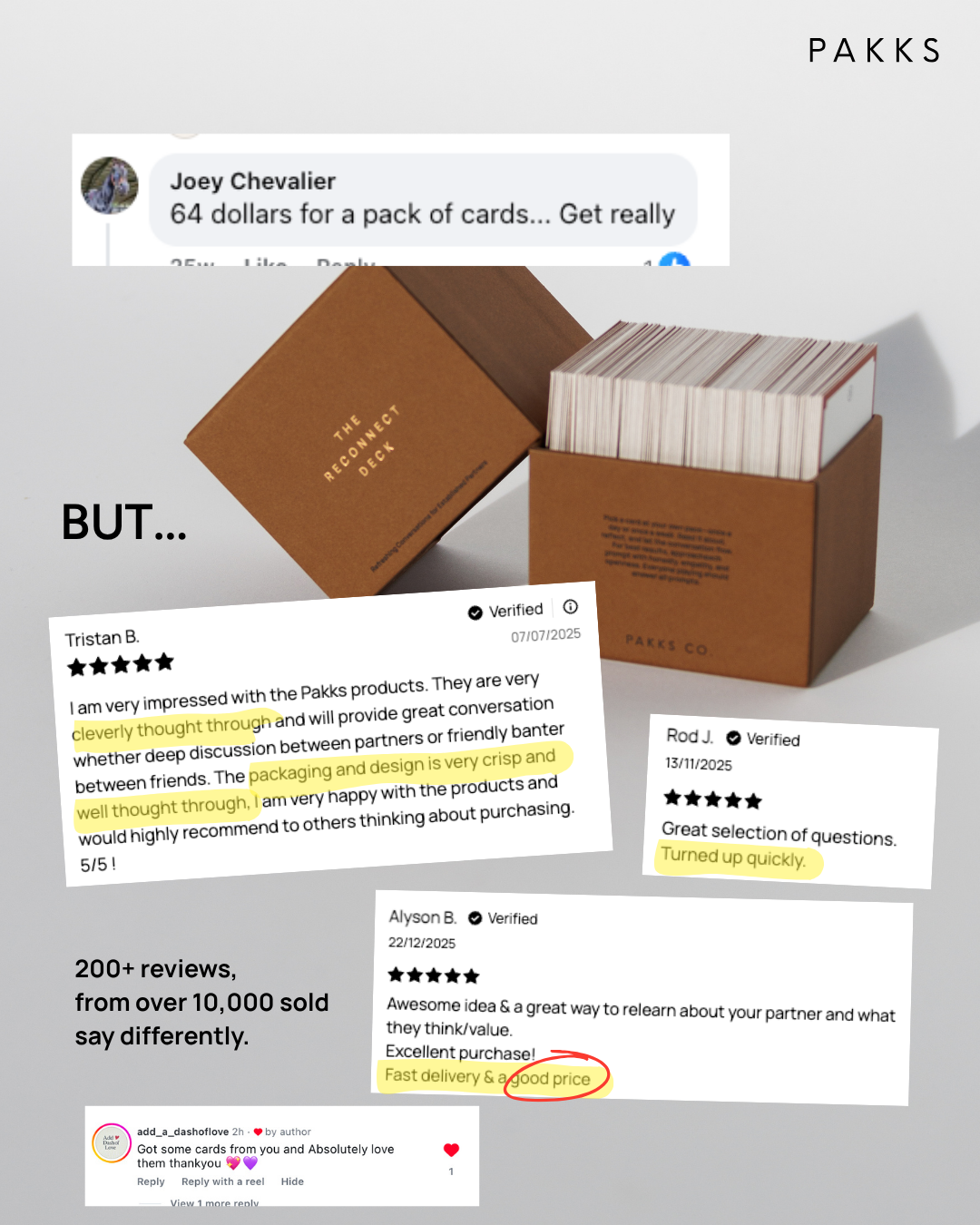Pakks Co Facebook ad: $64 for a pack of cards… get real.