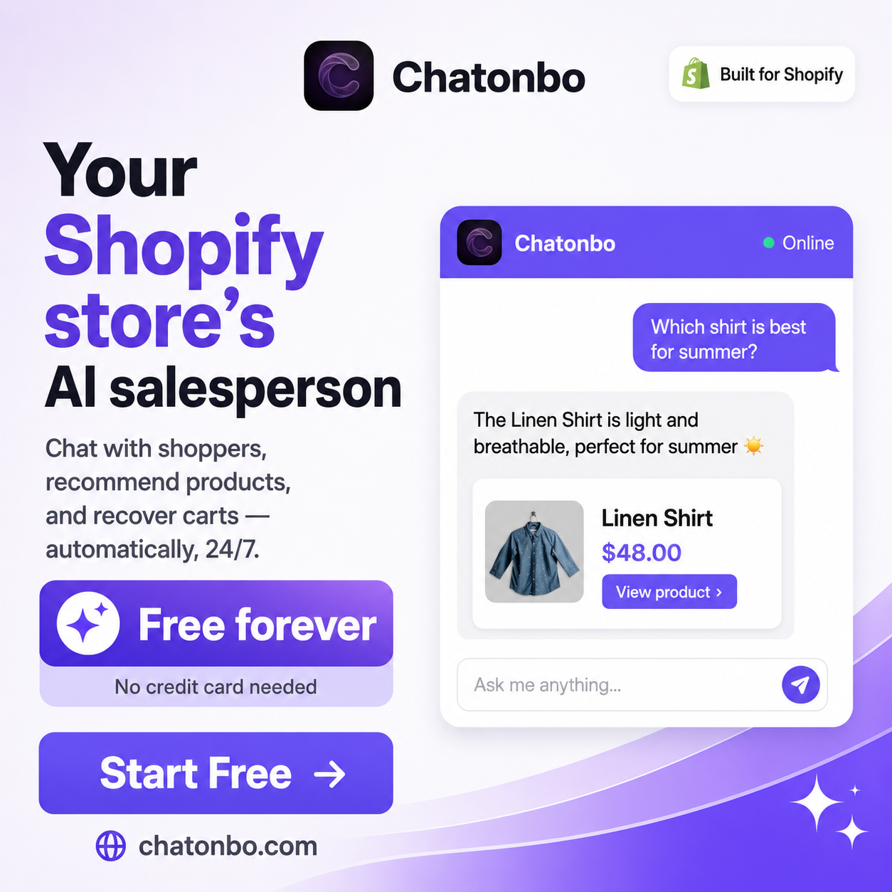 Chatonbo Facebook ad: ChatOnBo for Shopify here