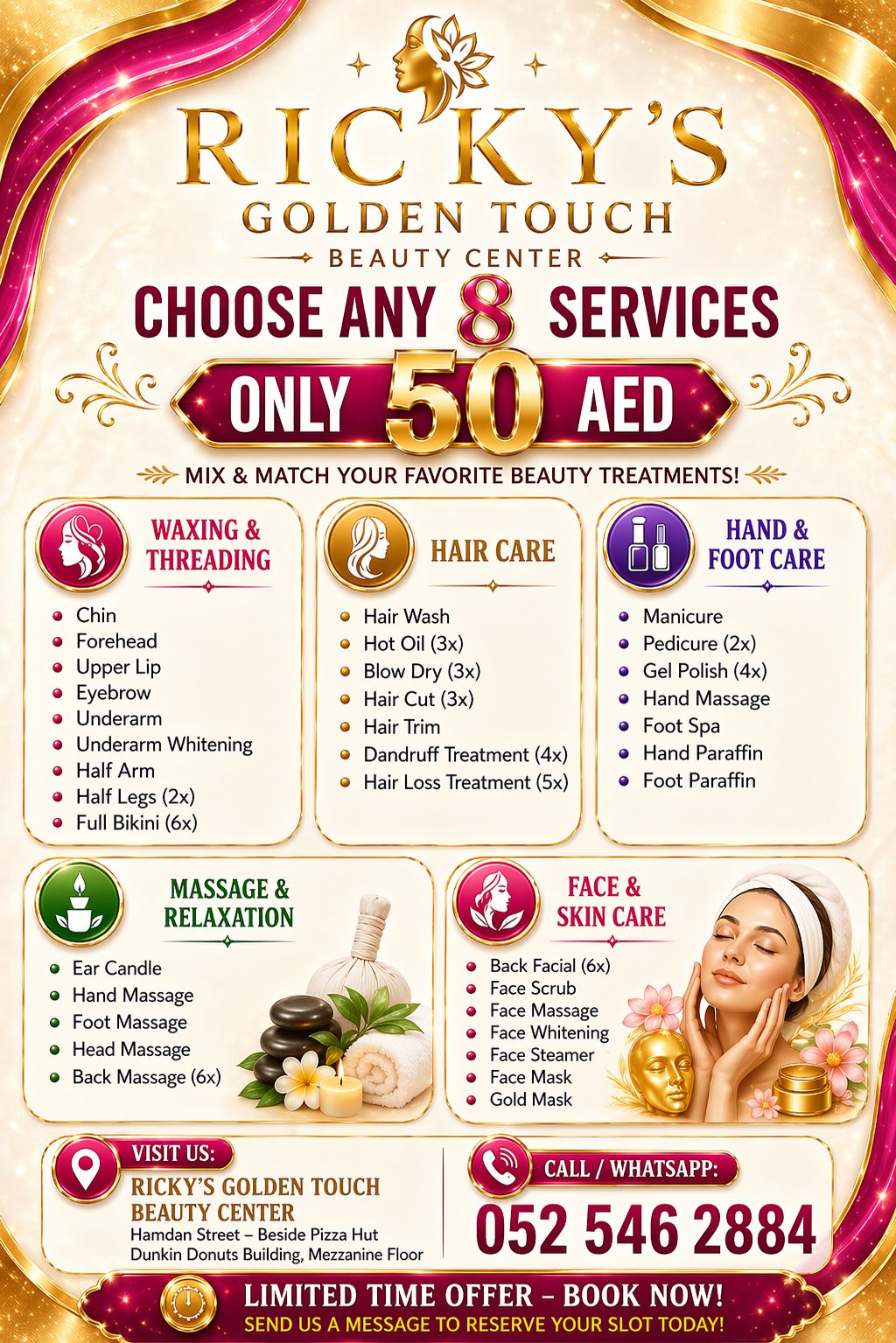 Rickys Golden Touch Beauty Center Facebook ad: Glow, relax & feel beautiful