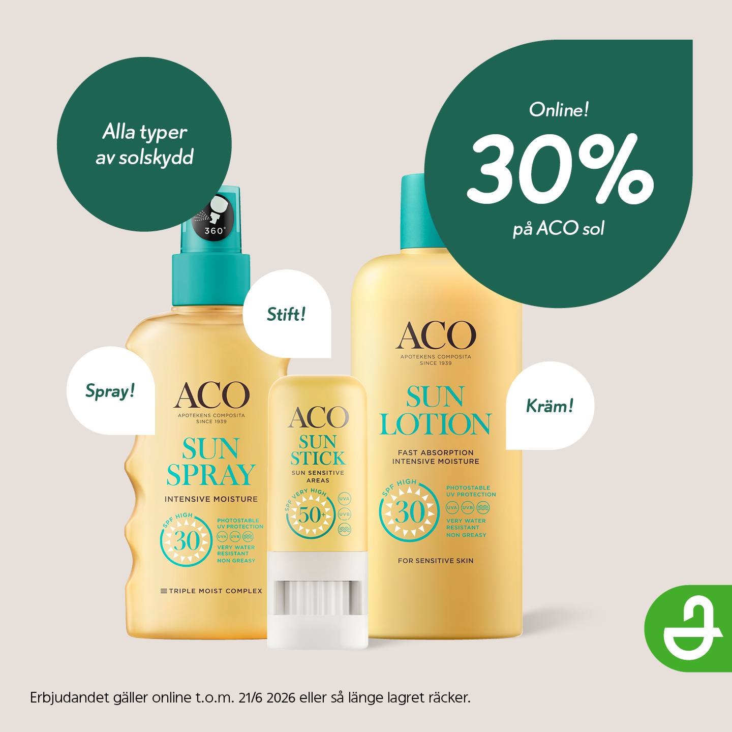 Apoteket Facebook ad: Online! 30% på ACO Sol