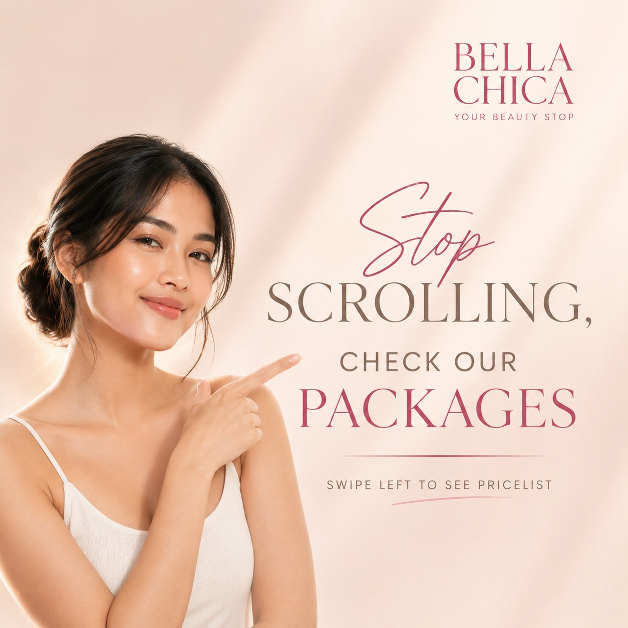 Bella Chica Beauty Studio - Metro Manila Facebook ad: Stop scrolling. your next glow-up starts here.