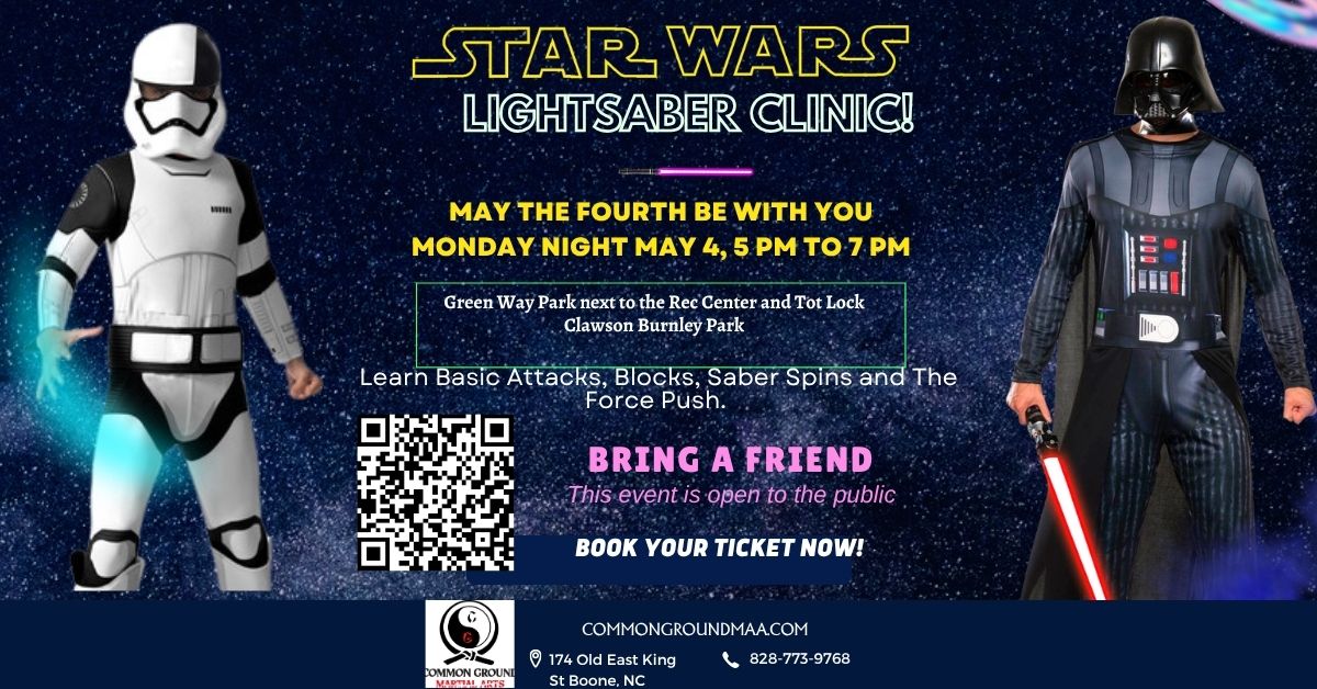 Common Ground Martial Arts Academy Facebook ad: May the 4th be with you lightsaber clinic