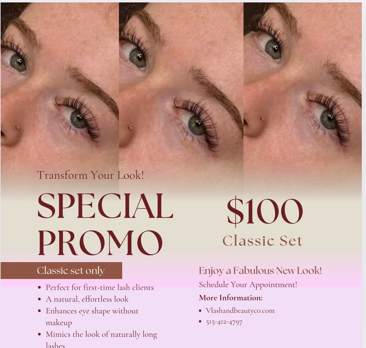 V lash and Beauty Co. Facebook ad: $100 Classic Lash Set
