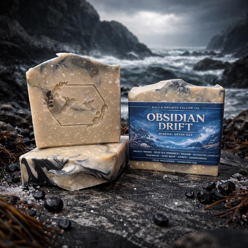 Hall & Heights Tallow Soap Co. Facebook ad: NEW RELEASE, OBSIDIAN DRIFT