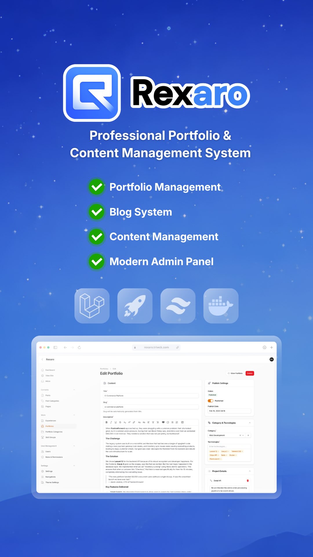 TriWicaksono.com Facebook ad: Rexaro - Professional Portfolio & Content Management System.
