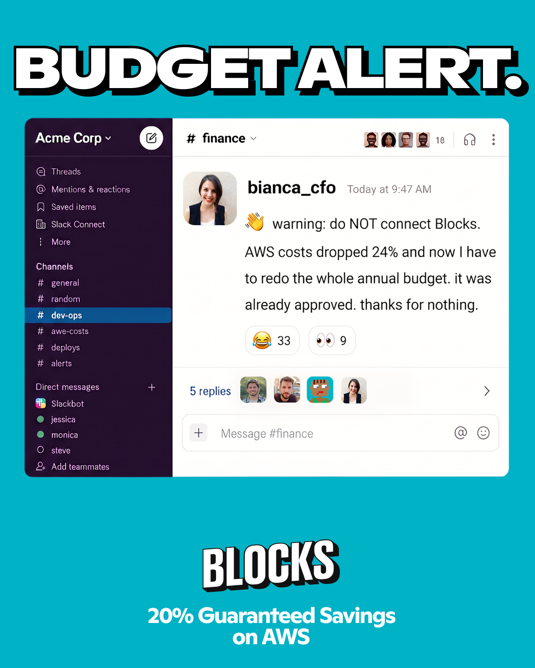 Blocks - AWS Cost Optimization Facebook ad: 20-40% of your AWS spend is wasted.